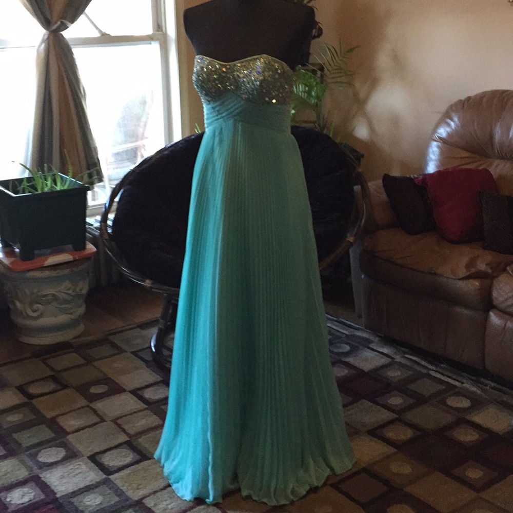 Teal green sequined prom girl dress